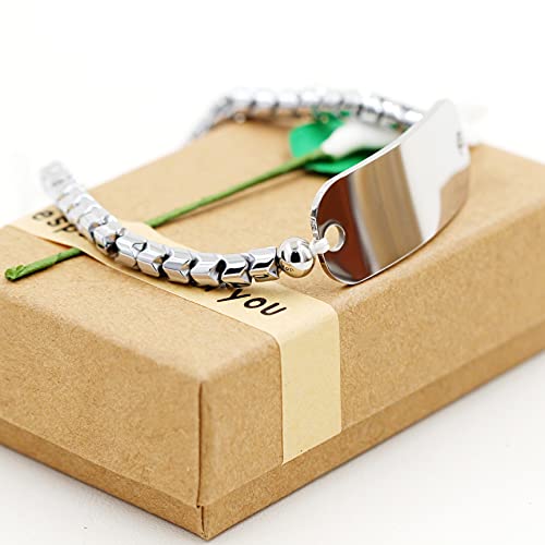 Custom Name Hematite Beads Bracelet For Women White Stone Beaded Bracelet Personalized Wide Stainless Steel Name Id Engraving Plate Bracelets For Girls Women Mom Y1515 #TOP4