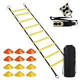 PORFOYO Football Entrainement Kit, Kit Entrainement Foot, Football Kick Entraîneur, Échelle De Rythme 6 Mètres, 12 Cônes De Disque, Accessoires D'entraînement De Football pour Enfant Et Adultes