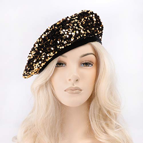 Sp Sophia Collection Women's Sparkly Sequin French Style Beret Cap With Velvet Trimming Hat In Gold #TOP1