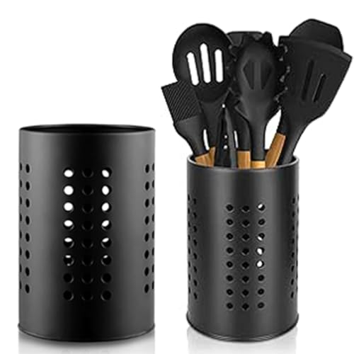 UQMIQURA 2 Pièces Porte-ustensiles de Cuisine, Porte-couverts en acier inoxydable noir, Panier à couverts pour organiser les ustensiles de cuisine Rangement pot ustensile