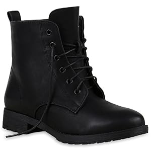 stiefelparadies Damen Schnürstiefeletten Profilsohle Boots Camouflage Stiefeletten Leder-Optik Schnür Übergrößen Schuhe 127681 Total Schwarz 38 Flandell