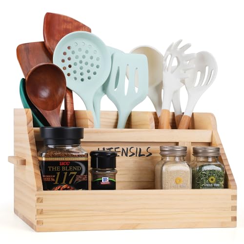 Asaultker Kitchen Utensil Holder for Countertop with 4 Compartments, Utensil Holder Kitchen Utensil Organizer with Handles, Wood Utensil Holder for Home Decor (Utensil Not Included)