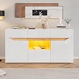 Merax Buffet blanc avec éclairage LED, 140 x 40 x 70 cm, 4 tiroirs et 2 armoires, haute brillance, pour salon, cuisine, couloir