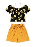Hipea Teen Girl Clothes 2-Pieces Printed Off-the-Shoulder Top and Solid Shorts Set Cute Clothes for Girls Size 7 8