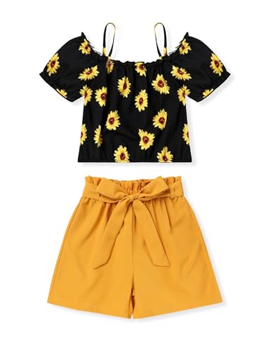 Hipea Teen Girl Clothes 2-Pieces Printed Off-the-Shoulder Top and Solid Shorts Set Cute Clothes for Girls Size 7 8