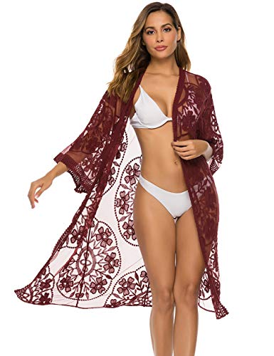 Romanstii Women's Lace Cardigan Floral Crochet Sheer Beach Cover Ups Long Kimono (Wine Red, One size) - Image 4