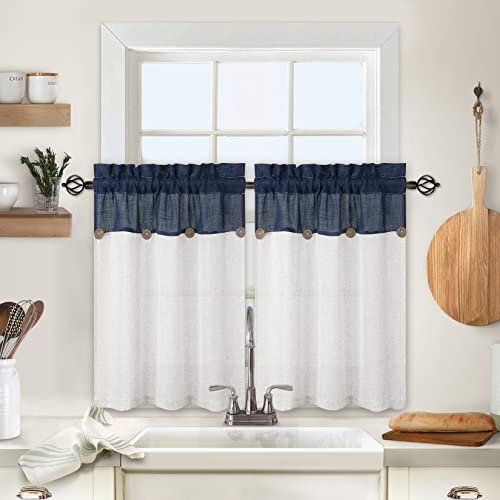 Homerry Tier Curtains For Kitchen Windows Farmhouse Linen Blend Rustic Boho Button Bathroom Window Curtain Country Cafe Curtains Half Window Treatment Set, 27" W X 36" L, Navy, Set Of 2 #TOP1