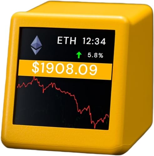 Bitcoin Ticker Crypto Price Display Time Clock Real-Time Compact Size 1.37" Diagonal Price Tracker Ticker Weather Display for Top 300 Coins Ideal for Desk or Nightstand Uses Wi-Fi (Yellow)