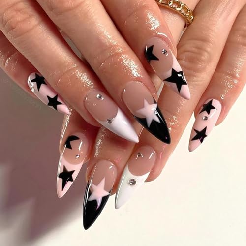 Almond False Nails - Black & White French Design, Artificial