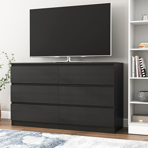 Vibe & Dine Double Dresser 6 Drawer, Modern Chest of Drawers with Wide Storage for Closet, Bedroom, Living Room, Black