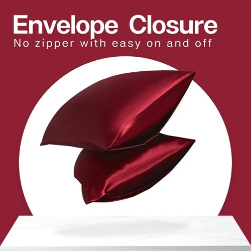 Image of MR&HM Satin Pillowcase for Hair and Skin, Silk Satin Pillowcase 2 Pack, King Size Pillow Cases Set of 2, Silky Pillow Cover with Envelope Closure (20x40, Burgundy)
