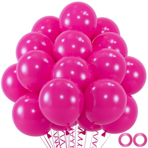 Image of 100pcs Hot Pink Balloons, Helium Quality 12 inch Bright Pink Latex Party Balloon for Birthday, Wedding, Engagement, Bridal Shower, Bachelorette Princess Party Supplies(66ft Ribbons)