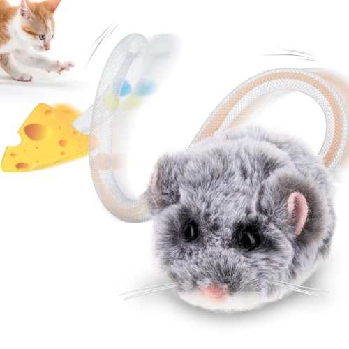 Migipaws Interactive MigiMouse Cat Toy 360 Rolling & Spin with Wiggling Tail for Indoor Cats Smart Motion Sensor Realistic Squeak Rechargeable Plush Kitten Toy(Grey Long)