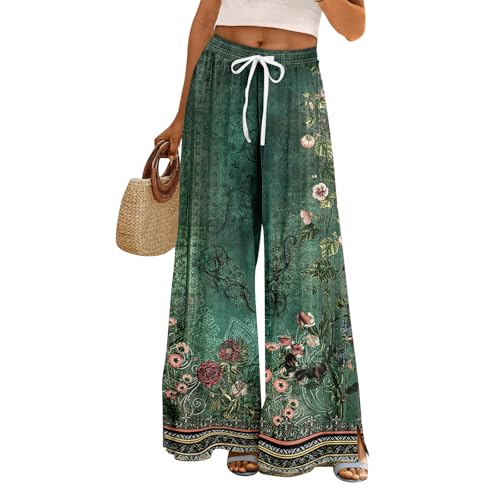 FlekmanArt Wide Leg Pants Woman High Waisted Beach Vacation Trousers Boho Lounge Summer Palazzo Wide Leg Petite Pants