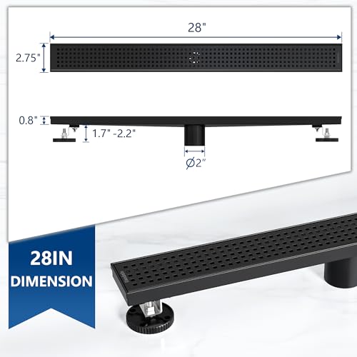 Neodrain 28-Inch Black Linear Shower Drain with Removable Quadrato Pattern Grate,Professional 304 Stainless Steel Rectangle Shower Floor Drain Manufacturer,Leveling Feet,Hair Strainer,Matte Black by Neodrain - Image 2