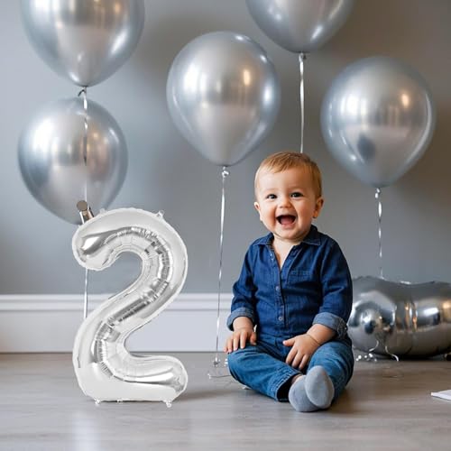 Image of 20 Pcs 16 Inch Silver Number 0-9 balloons, Number Foil Balloons, Small Mylar Numbers Balloon Custom Digital Balloons for Birthday Aniversary Baby Shower Party Decorations Supplies (Silver 2 Set)