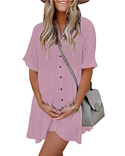 Image of PYGFEMR Women's Short Sleeve Babydoll Dress Button Down Dresses with Pockets