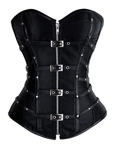 Charmian Women's Gothic Punk Satin Boned Zipper Overbust Corset Top with Buckles Black Medium