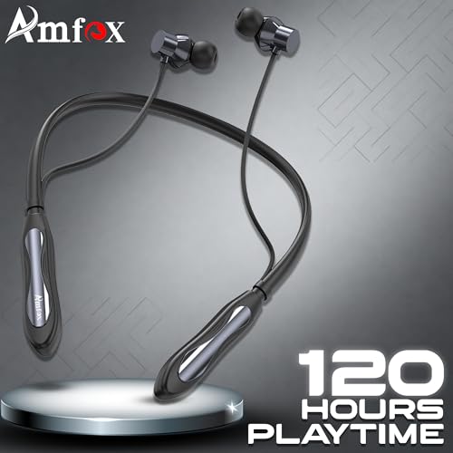 Image of Amfox Tarang Neckband, 120 Hours Play Time, 300 mAh Battery with IC Protection, 5.4v Bluetooth, 20Hz to 20 KHz Frequency Response, IP55 Protection, Magnetic On-Off, Stand-by Time 350 Hr, Black