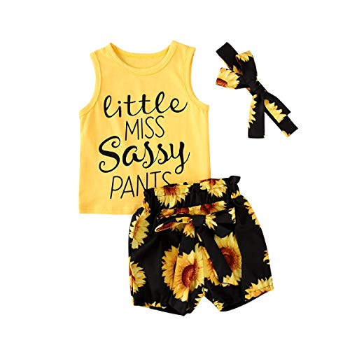 3Pcs/Set Fashion Toddler Kids Baby Girl Sleeveless Tank Top Shirt + Sunflower Shorts + Headband Summer Clothes Outfit (Yellow, 6-12 Months)