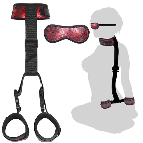 BDSM Neck to Wrist Restraints Bondage Set - Behind Back Handcuffs Collar with Blindfold Adjustable Bondage Set Bed SM Games Play Sex Toys for Couples Red