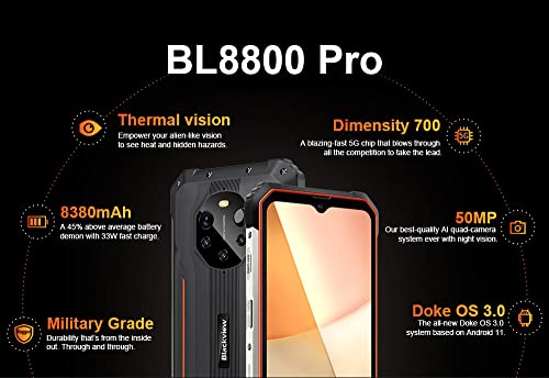 Blackview BL8800 PRO: 5G, 50MP, 8GB, IP68, Olåst Smartphone Orange