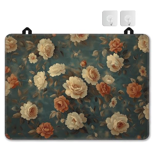 Image of Vintage Rose Flower Glass Top Stove Cover Protector,Retro Floral Heat Resistant Stove Top Cover, Large Size Range Covers for Electric Stove Countertop Mat, 28 x 20 Inch