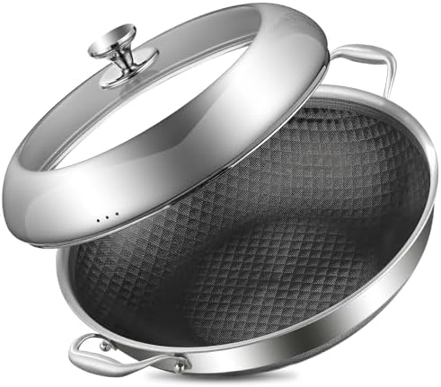 DELARLO Tri-Ply Stainless Steel Wok Pan With Lid 14 Inch Non stick,Woks & Stir-Fry Pans Nonstick 6QT Deep Frying Pan, Induction Saute Pan With Lid,Dishwasher and Oven Safe