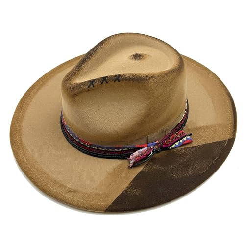 Image of Classic Wide Brim Fedora Hat for Women Man Floppy Panama Hat Western Felt Outdoor Hat with Band Sun Protection