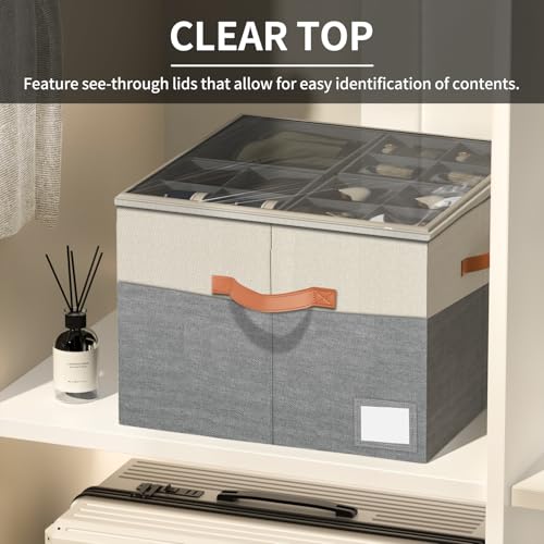 Image of Aokeyee Shoe Organizer for Closet,2 Pack Foldable Shoe Storage Organizer Box Bin with Adjustable Dividers and Clear Cover, Fits up to 16-32 Pairs