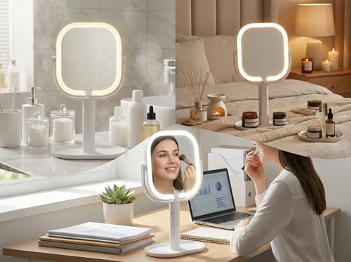 Makeup Mirror with Lights, 1X/10X Magnifying Mirror with Light, Rechargeable Lighted Makeup Mirror with Magnification, 3-Color Lighting, Height Adjustable 360° Rotation Desk Mirror, Gift for Women — view 6