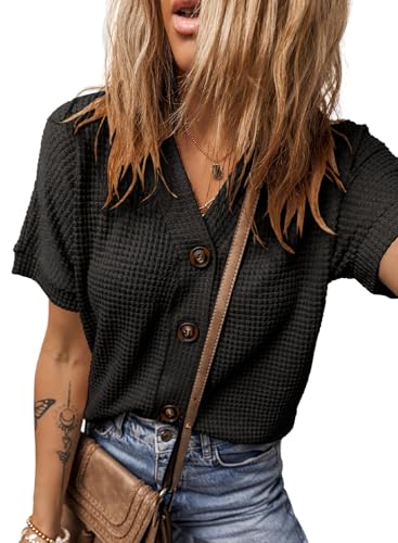 Image of Dokotoo Womens Summer Tops 2026 Waffle Knit Button Down Shirts | Trendy,V Neck,Loose Fit,Jacket,Short Sleeve,Summer Cardigan,Cropped,Shacket,Going Out Outfits,Dressy