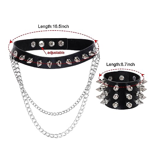 hoyuwak 3Pcs Leather Spike Choker Studded Bracelet Cuffs Set Gothic Rivet Collar Wristbands Puck Accessories for Men Women Rock2