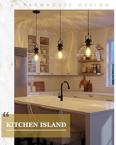 Image of 10.5 inch Black Pendant Light for Kitchen Island, Hammered Glass Shade | Farmhouse Vintage Hanging Light Fixture for Dining Room Entryway, Adjustable Cord, E26 Base, AD-22151-1PL-BK-H