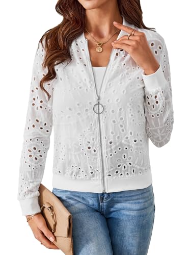 SweatyRocks Women's Bomber Jacket Eyelet Embroidery Long Sleeve Casual Hollow Out Lightweight Zipper Up Jacket