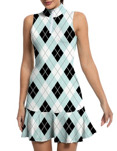 GGOV Tenniskleid für Damen, Golfkleider mit Shorts, Innentasche, ärmellos, Reißverschluss, Stehkragen, Workout, athletische Kleider, Xblack Argyle, Klein