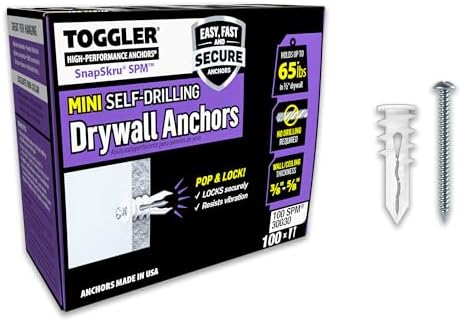 TOGGLER SnapSkru SPM Mini Self-Drilling Drywall Anchor with Screws, Glass-Filled Nylon Wall Anchors, Made in US, for #6 to #8 Fastener Sizes, No Drill Needed (Pack of 100)