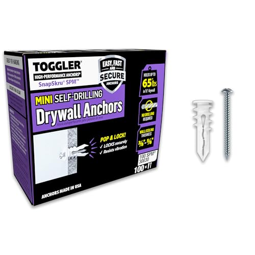 TOGGLER SnapSkru SPM Mini Self-Drilling Drywall Anchor with Screws, Glass-Filled Nylon Wall Anchors, Made in US, for #6 to #8 Fastener Sizes, No Drill Needed (Pack of 100)