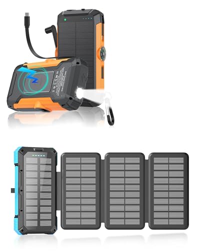 2 Pack,Solar Power Bank 49800mAh with 4 Built-in Cables & 4 Foldable Panels+20000mAh Wireless Portable Charger with Hand Crank and Retractable Cables for iPhone, iPad, Samsung, All Mobile Phones