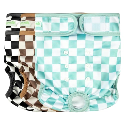 Image of wegreeco Washable Female Dog Diapers Highly Absorbent Reusable Diapers for Dog in Heat Dog Period Diapers, 3 Pack (Checkerboard Green, Black, Coffee, Small)