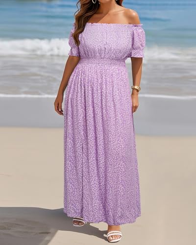 Image of Holipick Women's Off The Shoulder Boho Dress Plus Size Floral Smocked Waist Split Summer Maxi Sundress with Pockets