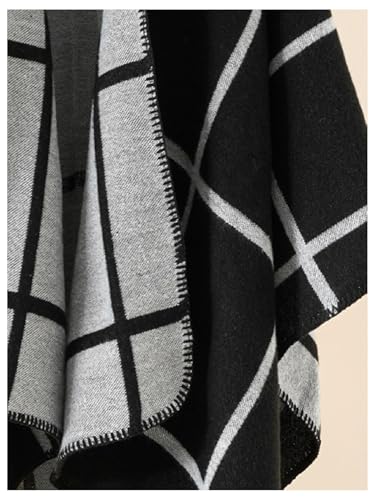 Image of Verdusa Women's Boho Plaid Poncho Shawl Wrap Cape Sweater Knit Oversized Cardigan Black One-Size