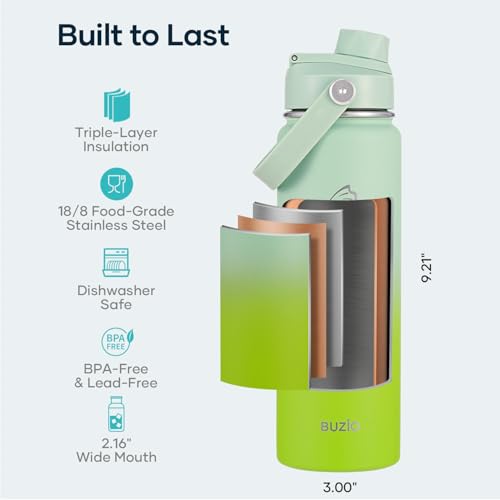 Image of BUZIO 24 oz Insulated Stainless Steel Water Bottle with Straw & Spout Lids