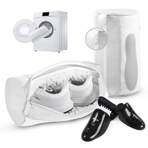 2PCS XXL Shoe Washing Machine Bag with Adjustable Shoes Trees - Heavy Duty Reusable Shoe Laundry Bag for Washer and Dryer - 360° Deep Clean & Protect Chenille Microfiber Sneakers Wash Bags - White