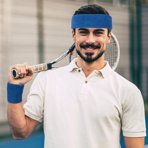 Image of 30 Pcs Sweatbands Wristbands Set Absorbent Terry Cloth Headbands Wristbands Neon Color Striped 80s Athletic Sweatbands for Sports Gym Exercise