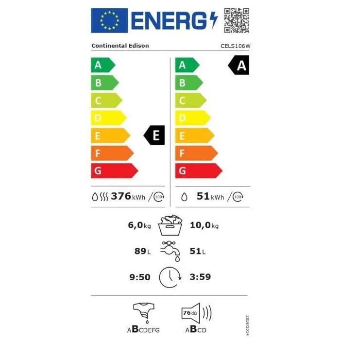 Lave-linge séchant - CONTINENTAL EDISON - CELS106W - 10kg / 6kg - Moteur induction directe - 60 cm - 1200 trs/min - Blanc