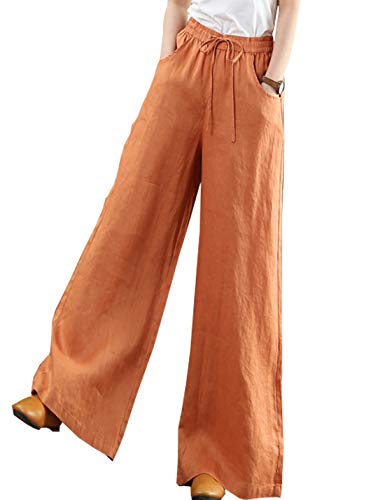 Hongsui Women's Spring and Summer Cotton and Linen Trousers Loose Large Size Wide Leg Pants (Orange, Medium)