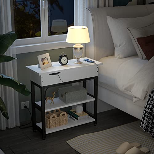 Aheaplus Sofa Side Table With Usb Ports And Outlets, Narrow End Table With Charging Station, Bedside Nightstand With Storage Shelves, Slim Side Table Flip Top For Small Space, Living Room, Metal Frame #TOP6