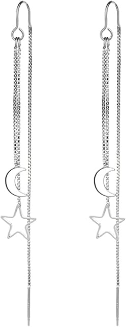 Bramian Star Moon Drop Dangle Earrings Silver Long Chain Threader Earrings Pull Through Earrings for Women and Girls(1Pair)