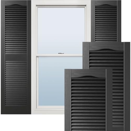 14 1/2"W x 64"H Lifetime Vinyl, Standard Cathedral Top Center Mullion, Open Louver Shutters, w/Installation Shutter-Lok's & Matching Screws (Per Pair), Black
